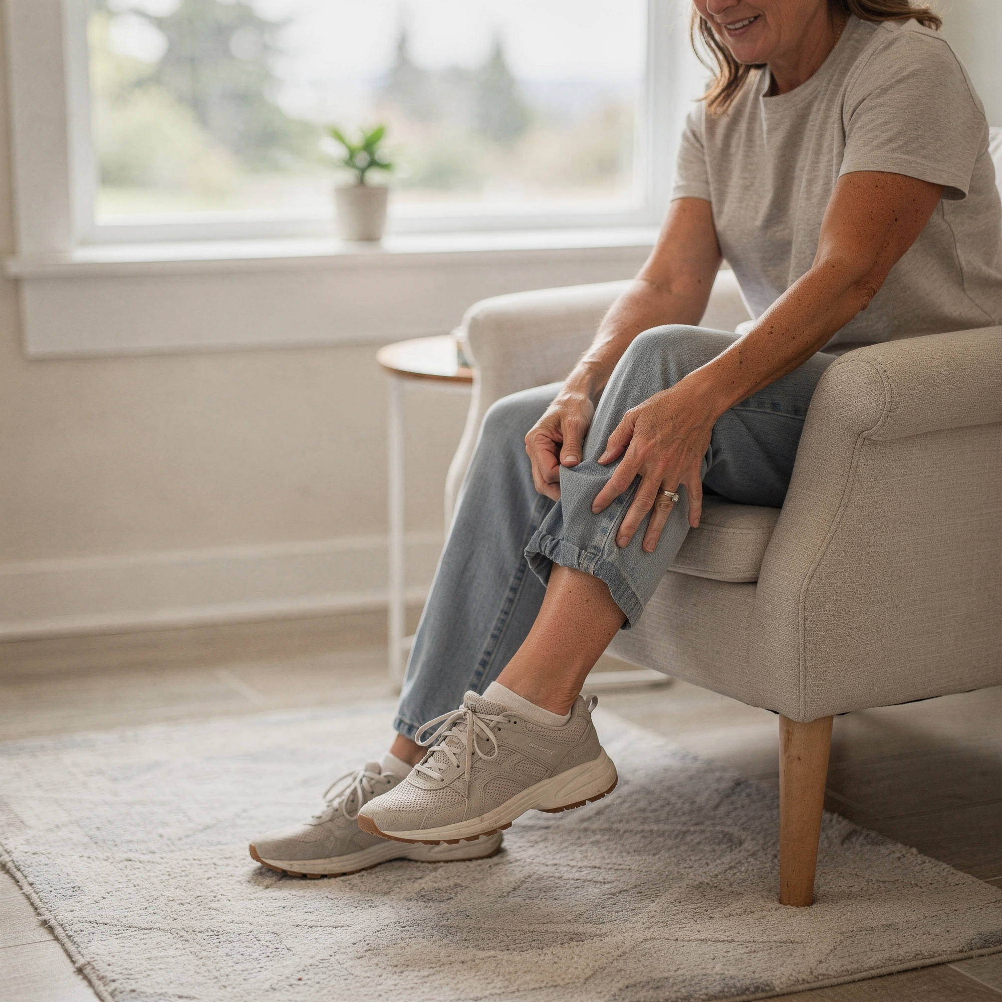 Woman seated in an armchair in sneakers – podiatry care in Albany, OR